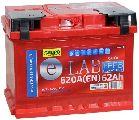 Аккумулятор автомобильный E-LAB EFB 62 Ач 620А Обратная полярность (242х175х190)
